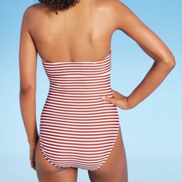 Kona Sol Women's Twist Bandeau One Piece Swimsuit Red White Stripe, M - Picture 2 of 6